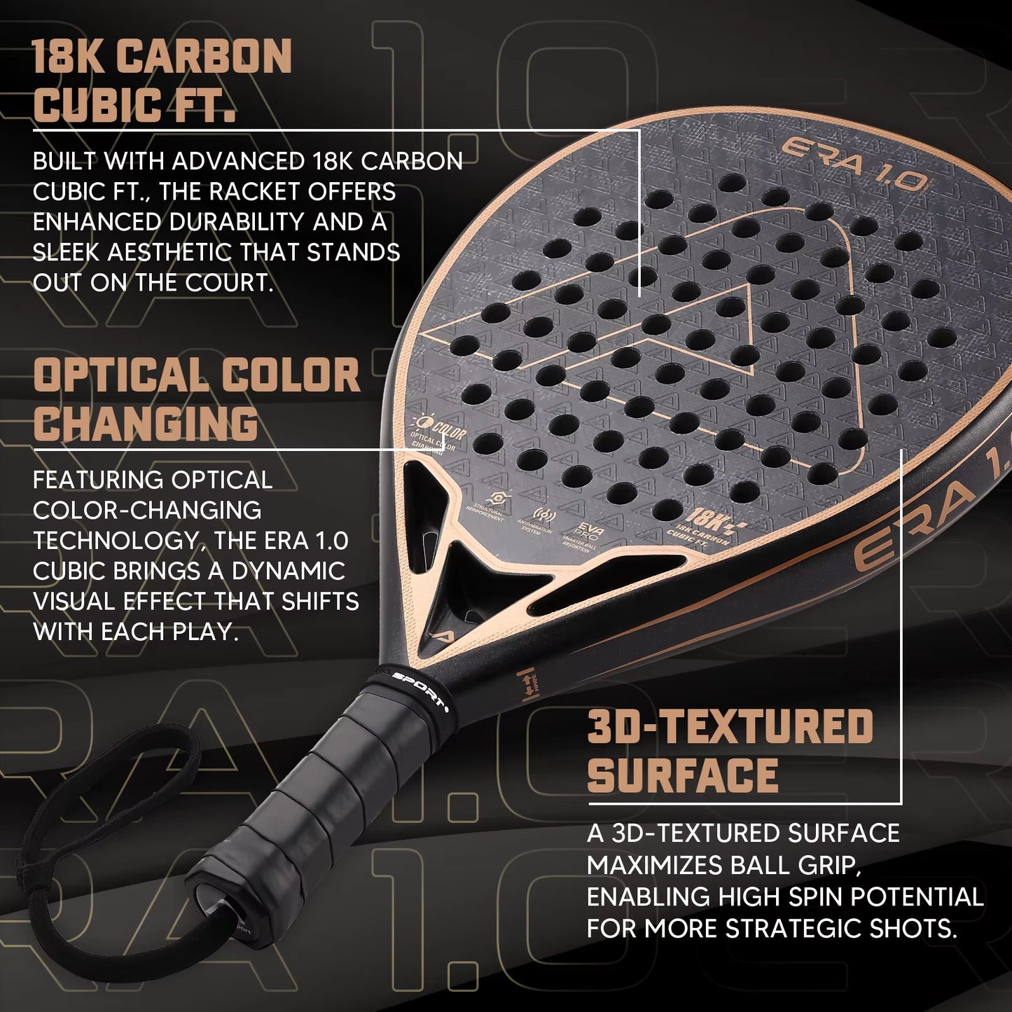 18K Carbon Cubic Padel Racket Diamond Shape with 3D-Textured Surface Smarter System for Enhanced Control Padel Racquet