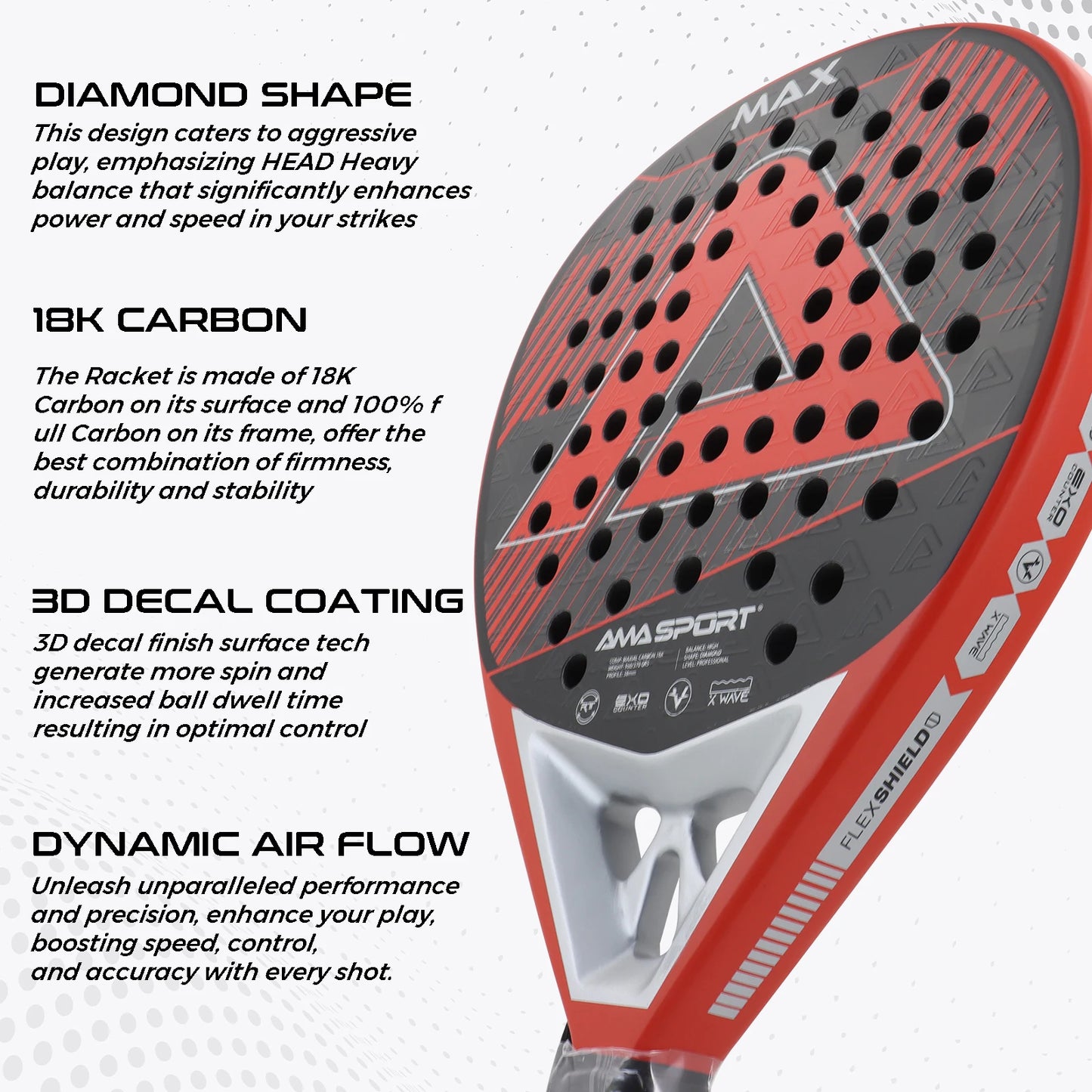 AMASPORT 12K/18K Carbon Fiber Padel Racket Tennis Soft EVA Padel Tennis Racquets for Sports Fitness and Outdoor Activities