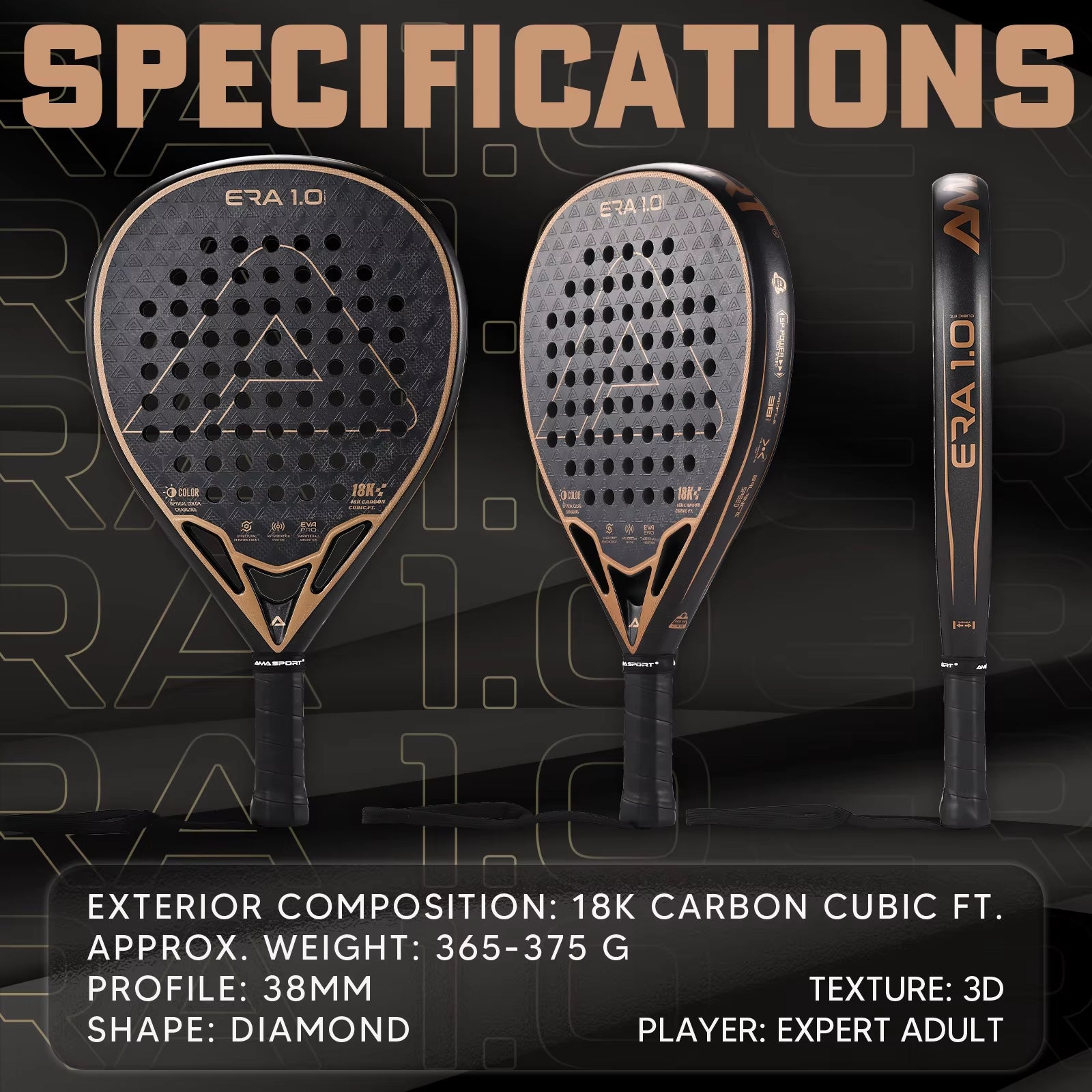 18K Carbon Cubic Padel Racket Diamond Shape with 3D-Textured Surface Smarter System for Enhanced Control Padel Racquet