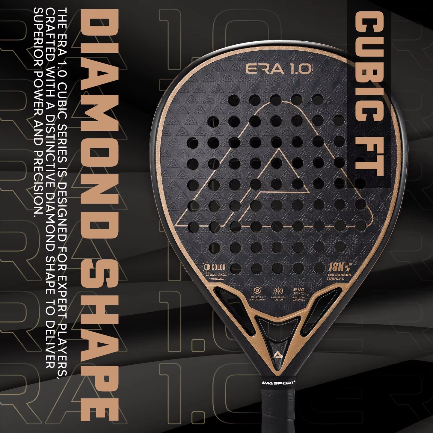 18K Carbon Cubic Padel Racket Diamond Shape with 3D-Textured Surface Smarter System for Enhanced Control Padel Racquet